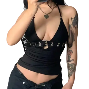 Haut Court Bandage à Lacets – Dos Nu Noir – Style Punk Rétro