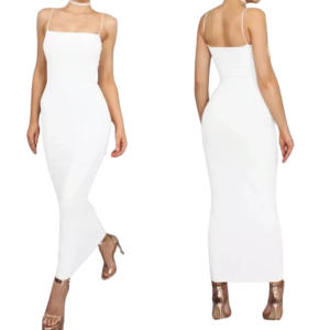 Robe d’Été Femme – Bretelles Spaghetti – Look Club et Soirée – Col Bateau Blanc