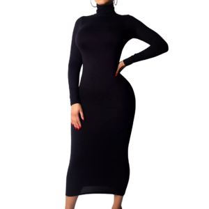 Robe Longue Moulante à Manches Longues – Col Roulé Noire