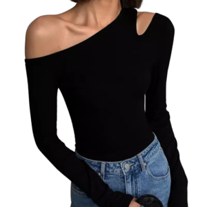 T-shirt Femme Épaules Dénudées - Col Oblique & Manches Longues giginino